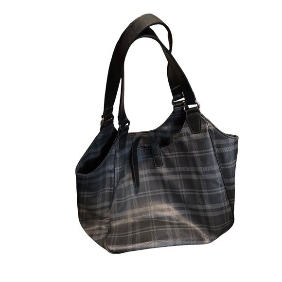 Tommy Hilfiger Plaid Hobo Handbag Shoulder Bag Black Grey Silver Tone Buckle - Picture 3 of 9